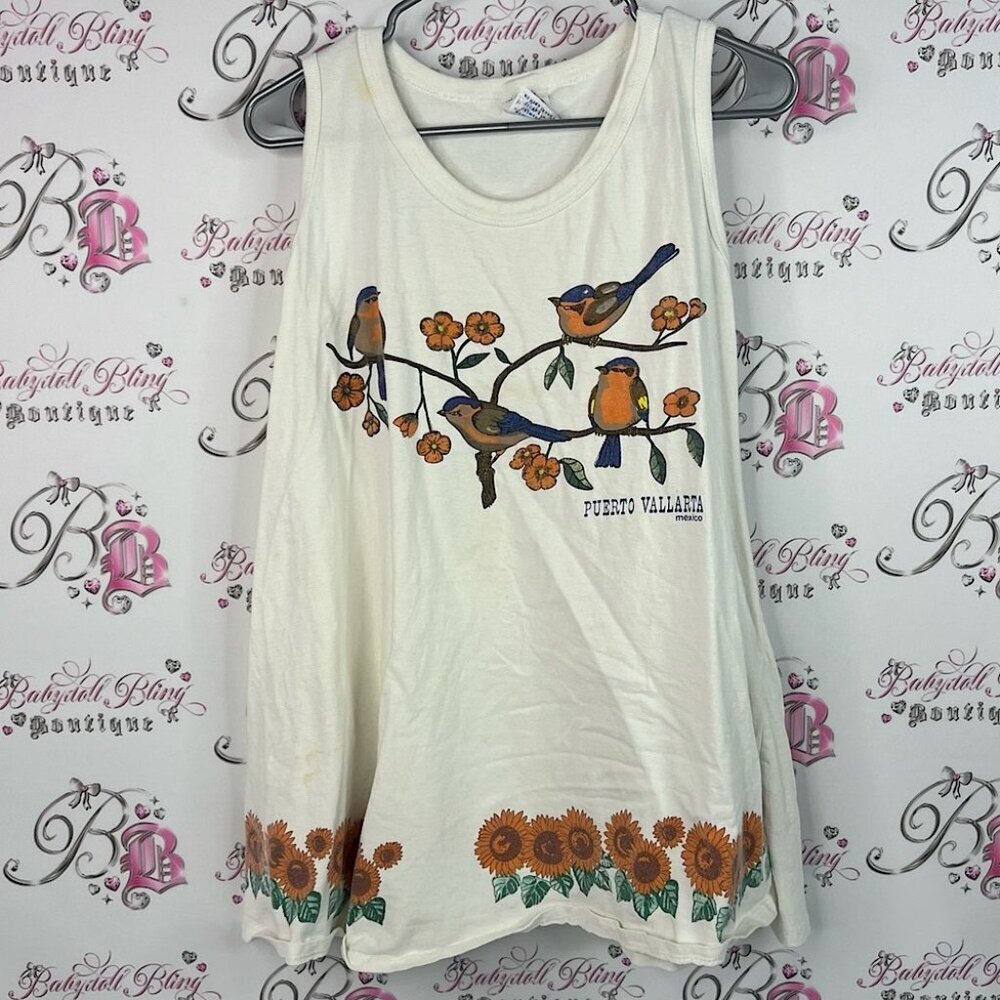 Yallarta tank top vintage puerto Vallarta birds Floral Bird Graphic Tank Top